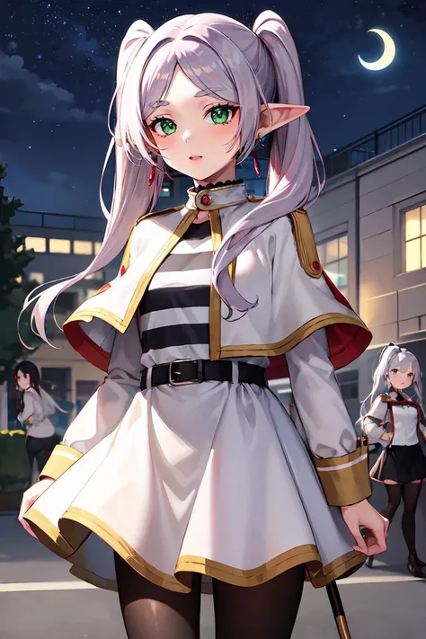 ((best quality)), ((highly detailed)), , (1girl), (solo), upper body, <lora:Frieren:.8>, Frieren, white hair, twintails, green eyes, earrings, FrierenBase, twintails, earrings, white capelet, striped shirt, white skirt, long sleeves, belt, black pantyhose, holding staff, (outdoors, <lora:school_outdoors_v0.2:1>, at a school, building, (3girls), evening, night sky, stars, crescent moon)