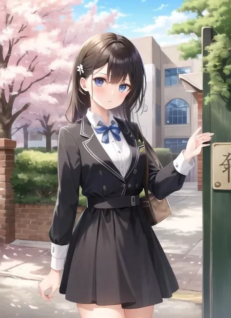 ((best quality)), ((highly detailed)), masterpiece, (detailed eyes, deep eyes), (1girl), cowboy shot, <lora:school_outdoors_v0.2:1>, outside, at a school, building, trees, cherry blossoms