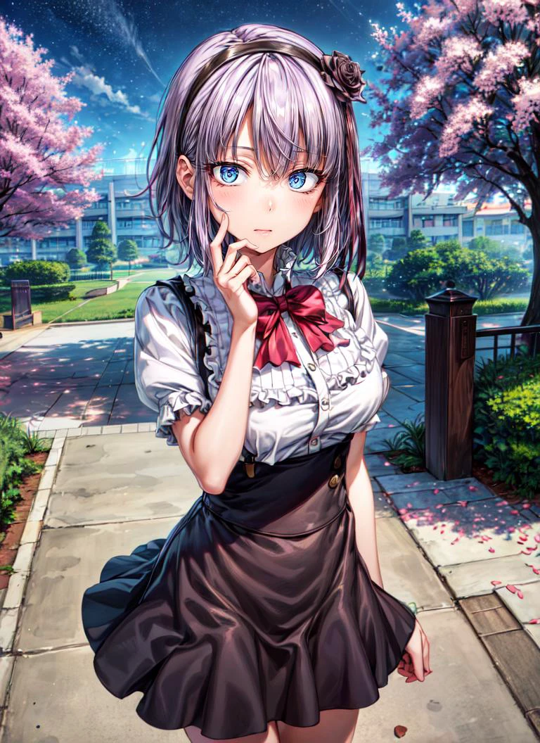((best quality)), ((highly detailed)), masterpiece, absurdres, (detailed eyes, deep eyes), <lora:more_details:.9>, (1girl), cowboy shot, hand on own face, hand on own cheek, looking at viewer, <lora:Shidare_Hotaru:.7>, HtrShdr-KJ, purple hair, hair flower, hairband, hair ribbon, blue eyes, hair ornament, bow, shirt, black skirt, suspender skirt, high-waist skirt, (<lora:school_outdoors_v0.2:1>, at a school, building, trees, cherry blossoms, midnight, night sky, stars, moonlight)