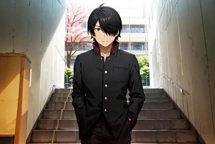 school, cherry blossoms, building, 1boy, male focus, solo, 1boy, school uniform, black hair, hair over one eye, naoetsu high school uniform, araragi koyomi, gakuran, looking at viewer, parted lips, black eyes, , masterpiece, best quality,