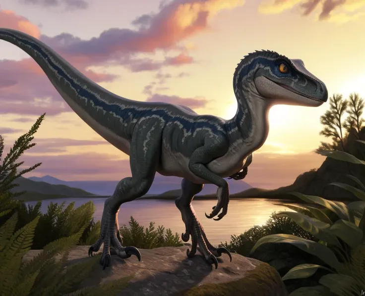 a beautiful and detailed portrait of ((blueraptor)), feral raptor, ivorylagiacrus, Velociraptor_Dino, grey body, outside, anatomically correct,solo,honovy hioshiru personalami, claws, tail. female focus. hi res, digital media (artwork), realistic, 3d rendering, detailed, masterpiece, leaves, prehistoric landscape bathed in the vibrant colors of the sunset, detailed background, hd, (jurassic world). <lora:bluevelo:0.7>, <lora:ivorylagiacrus:0.3>, <lora:Velociraptor_Dino:0.2>