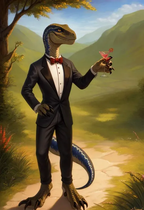 a beautiful and detailed portrait of ((blueraptor)),((raptor)), anthro, outside, honovy hioshiru personalami,scalie,female,tuxedo,bow tie, body, holding martini ,
,standing,feet,claws,black clothing,posing, <lora:bluev1.2 fluffyrock 576 r5:1>
