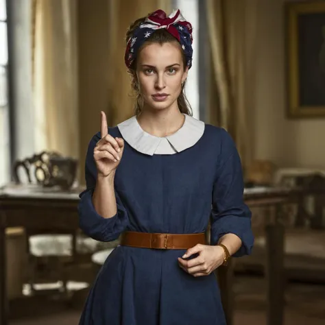 A detailed portrait of heida_reed in a vintage setting. She wears a blue dress with a white collar and a brown belt. A red, white, and blue bandana with stars adorns her hair. She points directly at the camera with her index finger, wearing a gold watch on her left wrist. The background shows a room with a wooden desk, a window, and a framed artwork on the wall. The overall color palette is muted, with the woman's blue dress and red bandana contrasting against the neutral background.