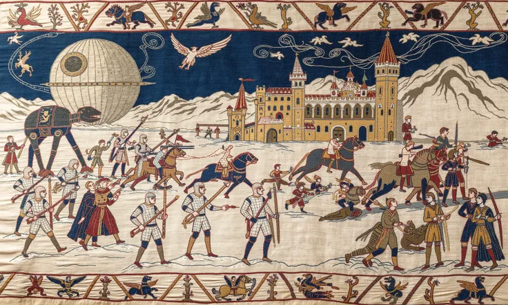 tapestry_style, A hyper-detailed medieval tapestry depicting a famous Star Wars battle scene. The image shows an epic clash between Stormtroopers and Rebel forces in a medieval interpretation of the Battle of Hoth. The Stormtroopers are dressed in ornate white armor, resembling medieval knights with intricate detailing, carrying long pikes instead of blasters. The AT-AT walkers are depicted as massive war beasts, similar to medieval siege towers, marching against a fortress-like Rebel base. The Rebels are shown in medieval-style tunics, using bows and glowing, enchanted swords in place of lightsabers. The snowy battlefield is filled with swirling clouds and banners, while the sky above features a medieval-style Death Star, glowing like a celestial body. The border of the tapestry is richly embroidered with floral patterns and ancient symbols, evoking the grandeur of medieval artistry while blending in the Star Wars universe, masterpiece, intricated details, 8k