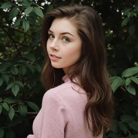 A portrait of elise_trouw in a forest. She is captured in a side profile, looking directly at the camera with a contemplative expression. Her long, wavy brown hair falls over her shoulders, and she wears a soft pink sweater. The background is dense with green foliage, including leaves and tree trunks, creating a serene and natural atmosphere. The color palette consists primarily of greens, browns, and soft pinks, with the woman's skin and hair contrasting against the darker background. The image style is moody and ethereal, emphasizing the interplay of light and shadow.