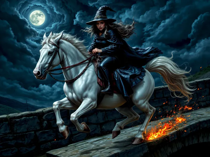 A stunningly realistic, dramatic nighttime scene of a haggard witch riding a powerful white horse across an ancient Scottish sandstone bridge. The witch is a haunting figure, her gaunt, weathered face lined with age and hardship, with deep-set eyes that burn with fierce determination. Her flowing dark robes, tattered and frayed at the edges, whip violently in the wind, adding to her imposing presence. Her long, unruly hair, streaked with gray, lashes around her face like serpents caught in a storm, while her pointed hat, worn and battered, miraculously defies the howling winds to stay perched atop her head.
Beneath her, the white horse gallops forward with raw power, its muscles rippling under its glistening coat, its wild mane flaring in the wind. Its hooves slam against the ancient sandstone bridge with force, each step leaving a trail of glowing embers and small bursts of flame where they strike the stone. The fiery imprints blaze for a moment before vanishing into the darkness, adding a supernatural aura to the scene. The horseâs eyes glow with an otherworldly intensity, mirroring the urgency of its rider.
The bridge itself, weathered and cracked with age, stands against a backdrop of swirling dark clouds, illuminated by a faint, eerie moonlight that casts long, ghostly shadows over the scene. The atmosphere is thick with magic and danger, as if the very air is charged with energy, capturing the chaotic blend of the witchâs unstoppable power and the stormy, enchanted landscape around her. The overall effect is one of breathtaking realism and dark, mystical grandeur.