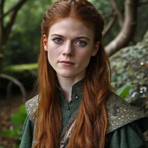 A close-up portrait of rose_leslie with long, reddish-brown hair styled in a half-up, half-down braid. She has striking blue eyes and fair skin. She wears a textured, ornate garment with intricate patterns in shades of green and gold. The background is blurred, depicting a natural setting with trees and foliage. The image style is dramatic and evocative, emphasizing the subject's facial features and clothing.