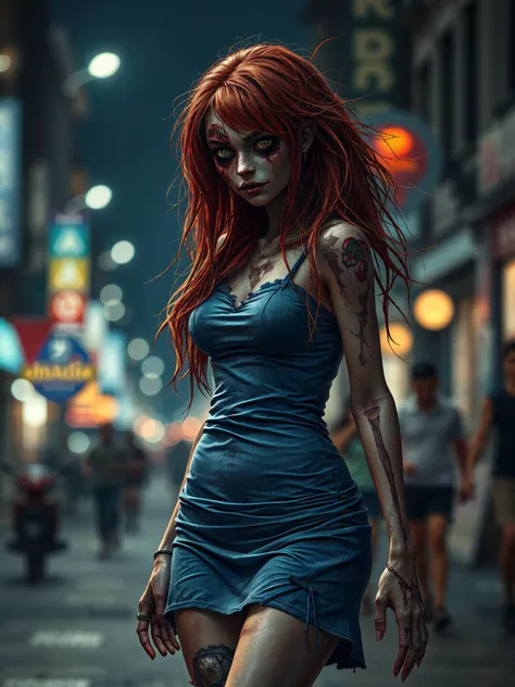 A ChavGirl walks down a busy nighttime street. However she is no ordinary girl but a member of the undead. Rotten flesh is pulling away from the left side of her face exposing muscle and bone and maggots rawling out of the eye socket. The right side of her face is entirely intact showing just how beautiful she was in life. Her red hair cascades down past her shoulders and is tangled and filled with twigs and leaves.
She is wearing a tight fitting blue short dress that is ripped. Rotting flesh is pulling away from much of her body.
Her left leg is badly broken and blackened.
The background is a blurry bokeh effect with multiple flashing emerganvy lights in the distance.