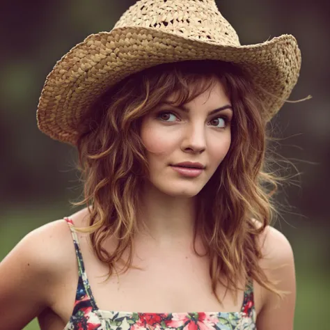 A portrait camren_bicondova with long, wavy, reddish-brown hair. She wears a wide-brimmed straw hat and a sleeveless, floral-patterned top. The woman's gaze is direct and intense, and her expression is contemplative. The background is blurred, emphasizing the subject. The color palette consists primarily of earthy tones, with the woman's hair and hat providing a vibrant contrast.