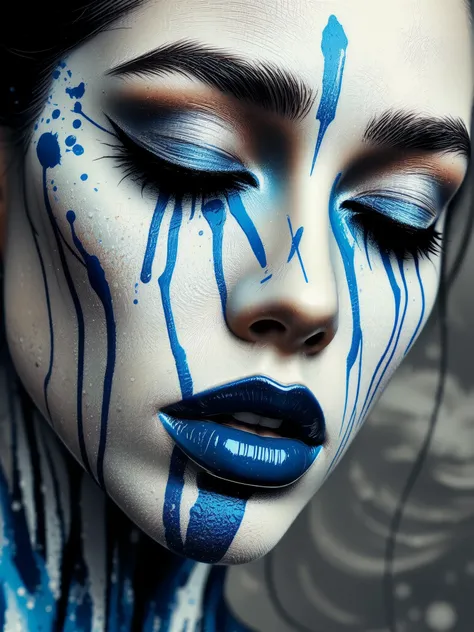 This is a highly stylized, abstract close-up portrait of a womanâs face, infused with surrealistic energy and a painterly touch. Her closed eyes are framed by an expressive burst of color, with bold splashes of white and deep cobalt blue paint splattered across her face in unpredictable patterns. Drips of vibrant blue cascade down her skin, pooling around her eyes and mouth, creating a dynamic sense of fluidity and movement, as if her face is dissolving into the artwork itself.
Her lips, painted in a deep, matte indigo, contrast sharply with the metallic, iridescent sheen coating her skin, which shimmers with an ethereal, liquid-like quality. The textures are exaggerated, giving her face a glossy, almost otherworldly appearance, as if itâs crafted from wet paint. Her dark, slicked-back hair appears to merge with the paint splatters, blending into the chaotic, abstract composition.
The background is awash with soft, swirling grays, blurred and indistinct, enhancing the contrast of the vibrant splashes against her face. Lighting is dramatic and uneven, casting exaggerated highlights and deep shadows that amplify the high-contrast, textured feel of the image. The overall effect is an intense, dreamlike explosion of color and form, merging portraiture with abstract expressionism, evoking a sense of movement, emotion, and artistic chaos.