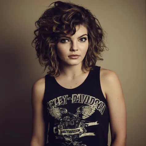 A portrait camren_bicondova with voluminous, wavy hair, captured in a side profile. She wears a black tank top with the word "Harley Davidson" and a graphic of a motorcycle with wings and a banner. Her makeup is dramatic, featuring bold, smoky eyeshadow and winged eyeliner. The background is a muted beige, contrasting with her dark clothing and the warm tones of her hair and makeup. The image conveys a moody and edgy style, emphasizing the subject's intense gaze and the vintage aesthetic.