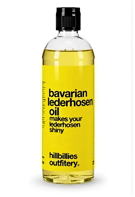 This is a photography of an oil bottle at a plain white background. The bottle label design has a bright yellow background, displaying a minimalist text design. The bottle features a prominent black bold text "bavarian lederhosen oil" and bold text in the same style that says "makes your lederhosen shiny". The brand name "hillbillies outfittery" is printed in the bottom right corner., <lora:flux_concept_No_Name_Brand_Products_FLUX-000001>, , , , ,