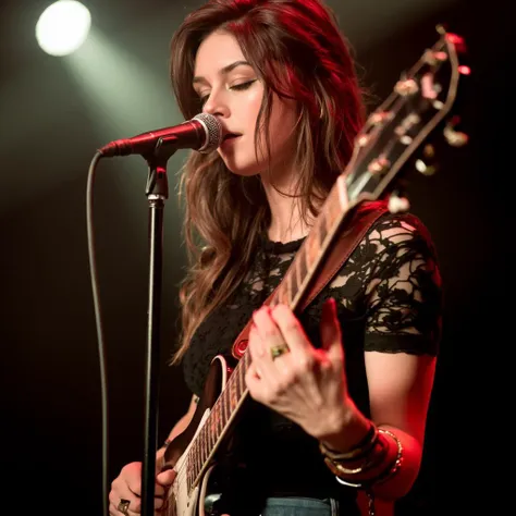 A close-up portrait of elise_trouw singing into a microphone while playing an electric guitar. She wears a black lace top and a leather wristband. The guitar is a vibrant black with a glossy finish, and she has a focused expression. The background is dark, with a spotlight illuminating her face and the guitar. The lighting casts a warm glow on her face, highlighting her features. The image conveys a mood of intense emotion and passion.