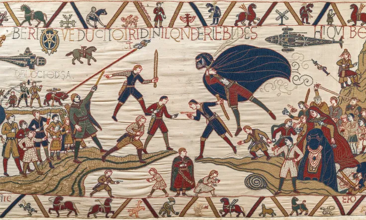 tapestry_style, A hyper-detailed medieval tapestry depicting a scene from Star Wars bringing together a wide array of iconic characters from across the saga. In this image, all the central figures from the Star Wars universe are gathered in a massive, action-packed tableau. Luke Skywalker and Darth Vader face off with their lightsabers clashing at the center, while Yoda levitates nearby, using the Force. Han Solo and Chewbacca are seen firing their blasters, while Princess Leia leads a group of Rebel soldiers. In the background, Stormtroopers march in formation alongside AT-ATs and TIE Fighters soaring through the sky. On one side, R2-D2 and C-3PO watch the chaos, while on the other, The Mandalorian and Grogu stand amidst a battle between Boba Fett and a squad of Clone Troopers. The Millennium Falcon swoops overhead, dodging laser fire from Imperial Star Destroyers, while Kylo Ren and Rey engage in an intense lightsaber duel. The scene is filled with vibrant details, capturing the chaos of war, the contrast of light and dark, and the rich history of the Star Wars universe, with every character showing their distinct personality and role within the vast galaxy, masterpiece, intricated details, 8k