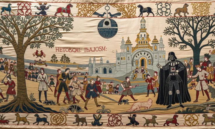 tapestry_style, A highly detailed medieval tapestry depicting an iconic scene from Star Wars. The image shows a grand, stylized version of the battle on Endor, where Ewoks and Rebel fighters battle Stormtroopers in an ancient forest. The characters are illustrated in medieval attire, with Luke Skywalker in a knightly robe wielding a glowing sword (representing his lightsaber) and Darth Vader as a dark, armored figure resembling an evil king. The trees of Endor resemble the intricate, flowing patterns of medieval forest tapestries, and the Death Star looms in the background like a medieval celestial object. The entire scene is embroidered with gold threads, ornate patterns, and medieval decorative borders, evoking the epic grandeur of both Star Wars and medieval legend, masterpiece, intricated details, 8k