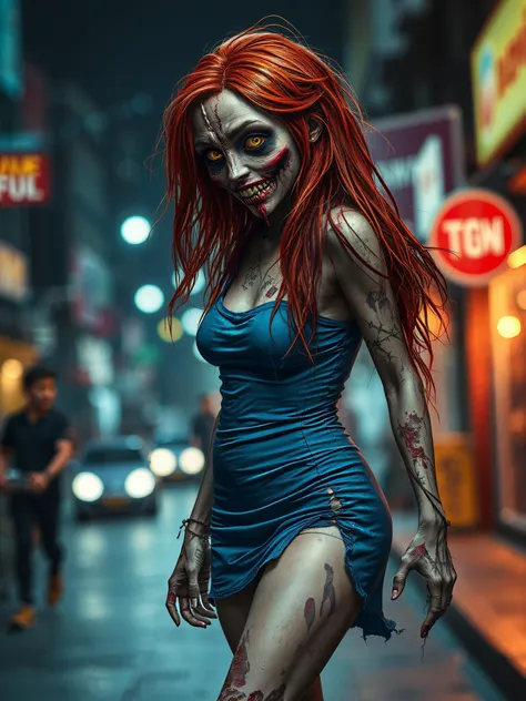 A ChavGirl walks down a busy nighttime street. However she is no ordinary girl but a member of the undead. Rotten flesh is pulling away from the left side of her face exposing muscle and bone and maggots rawling out of the eye socket. The right side of her face is entirely intact showing just how beautiful she was in life. Her red hair cascades down past her shoulders and is tangled and filled with twigs and leaves.
She is wearing a tight fitting blue short dress that is ripped. Rotting flesh is pulling away from much of her body.
Her left leg is badly broken and blackened.
The background is a blurry bokeh effect with multiple flashing emerganvy lights in the distance.