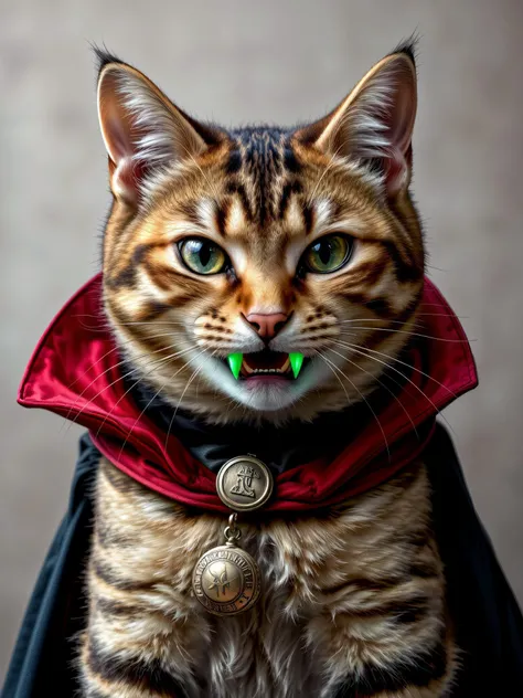 A highly detailed, photorealistic image of a tabby cat dressed as Dracula. In its mouth, the cat bears a pair of fake, luminous green vampire fangs that glisten with an almost comical brightness, contrasting against its soft fur and giving the image a playful yet spooky touch. The fangs are slightly oversized, sticking out just enough to be noticed, adding to the quirky charm. The catâs fur is a rich mix of tawny and black stripes, with a glossy sheen that catches the light. Its sharp, piercing eyes glow with a mischievous glint, complementing the playful yet eerie expression on its face. The cat wears a tiny, elegant Dracula costume, complete with a velvet black cape that drapes over its shoulders and a high, stiff red collar that frames its head dramatically. Around its neck, a miniature medallion hangs, catching the light.
The background is softly blurred, ensuring all focus remains on the catâs striking appearance, with subtle shadows and highlights adding depth and realism to the scene. The overall effect is a perfect balance between whimsy and photorealistic detail, bringing the character of Dracula to life through this feline portrayal.