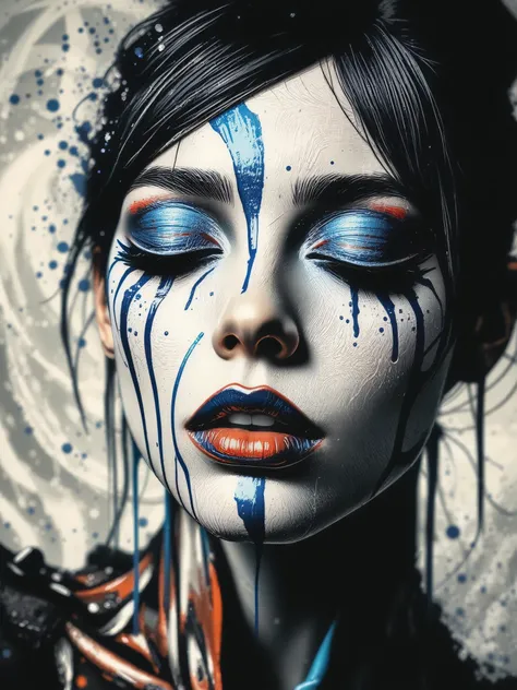 This is a highly stylized, abstract close-up portrait of a womanâs face, infused with surrealistic energy and a painterly touch. Her closed eyes are framed by an expressive burst of color, with bold splashes of white and deep cobalt blue paint splattered across her face in unpredictable patterns. Drips of vibrant blue cascade down her skin, pooling around her eyes and mouth, creating a dynamic sense of fluidity and movement, as if her face is dissolving into the artwork itself.
Her lips, painted in a deep, matte indigo, contrast sharply with the metallic, iridescent sheen coating her skin, which shimmers with an ethereal, liquid-like quality. The textures are exaggerated, giving her face a glossy, almost otherworldly appearance, as if itâs crafted from wet paint. Her dark, slicked-back hair appears to merge with the paint splatters, blending into the chaotic, abstract composition.
The background is awash with soft, swirling grays, blurred and indistinct, enhancing the contrast of the vibrant splashes against her face. Lighting is dramatic and uneven, casting exaggerated highlights and deep shadows that amplify the high-contrast, textured feel of the image. The overall effect is an intense, dreamlike explosion of color and form, merging portraiture with abstract expressionism, evoking a sense of movement, emotion, and artistic chaos.