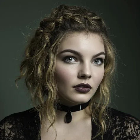 A close-up portrait camren_bicondova with long, wavy blonde hair styled in a braided updo. She has striking blue eyes and dark lipstick. She wears a black choker with a pendant and a black lace top. The background is a muted green, contrasting with her pale complexion and dark makeup. The image style is dramatic and evocative, emphasizing the interplay of light and shadow to create depth and dimension.