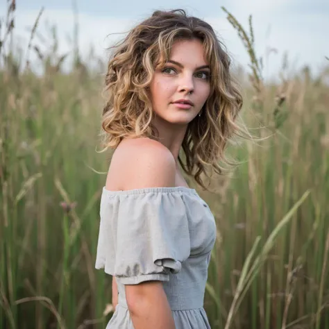 A portrait camren_bicondova in a field of tall grasses. The woman has long, wavy blonde hair and wears a light gray off-the-shoulder dress. She looks directly at the camera with a contemplative expression. The background is blurred, highlighting the woman as the main subject. The color palette is soft and natural, with the woman's hair and dress contrasting against the green grasses and the blue sky. The image conveys a serene and introspective mood.