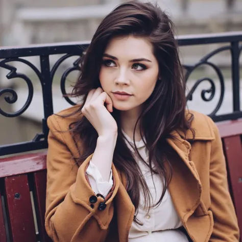 A portrait of elise_trouw seated on a wooden bench. She has long, wavy brown hair and wears a brown coat over a white blouse. Her pose is relaxed, with one hand resting on her chin and the other hand gently touching her hair. The bench is a deep red, contrasting with the muted tones of the surroundings. Behind her is a wrought iron railing with a decorative design. The background is blurred, emphasizing the subject. The image style is candid and natural, capturing a moment of stillness.