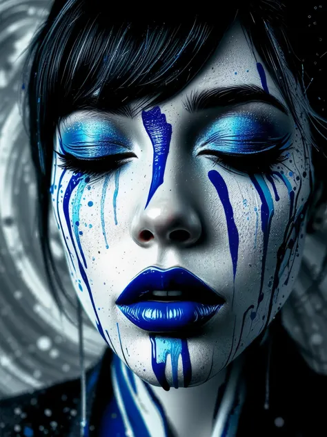 This is a highly stylized, abstract close-up portrait of a womanâs face, infused with surrealistic energy and a painterly touch. Her closed eyes are framed by an expressive burst of color, with bold splashes of white and deep cobalt blue paint splattered across her face in unpredictable patterns. Drips of vibrant blue cascade down her skin, pooling around her eyes and mouth, creating a dynamic sense of fluidity and movement, as if her face is dissolving into the artwork itself.
Her lips, painted in a deep, matte indigo, contrast sharply with the metallic, iridescent sheen coating her skin, which shimmers with an ethereal, liquid-like quality. The textures are exaggerated, giving her face a glossy, almost otherworldly appearance, as if itâs crafted from wet paint. Her dark, slicked-back hair appears to merge with the paint splatters, blending into the chaotic, abstract composition.
The background is awash with soft, swirling grays, blurred and indistinct, enhancing the contrast of the vibrant splashes against her face. Lighting is dramatic and uneven, casting exaggerated highlights and deep shadows that amplify the high-contrast, textured feel of the image. The overall effect is an intense, dreamlike explosion of color and form, merging portraiture with abstract expressionism, evoking a sense of movement, emotion, and artistic chaos.