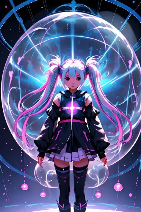 xsty,<lora:XSTY-CO:0.8>,(1girl),(innocent expression),(twin-tails hairstyle),surrounded by magical floating orbs,(magical atmosphere:1.1),creating a magical and whimsical ambiance.,