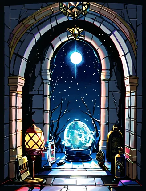 xsty Celestial Moonlit Garden, Mysterious Artifact,Dragon Egg,Heater,Wardrobe,Hand Soap, Linoleum Flooring, Bonfire, Pin Spot Lighting, fantasy, <lora:XSTY-CO:0.8>