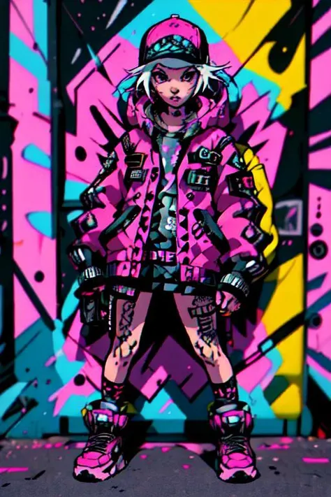 xsty,<lora:XSTY-CO:1>,(1girl),(sassy expression),(punk style:1.2),with edgy clothing and accessories,in an urban graffiti-filled environment,(graffiti art:1.1),creating a rebellious and urban vibe.,