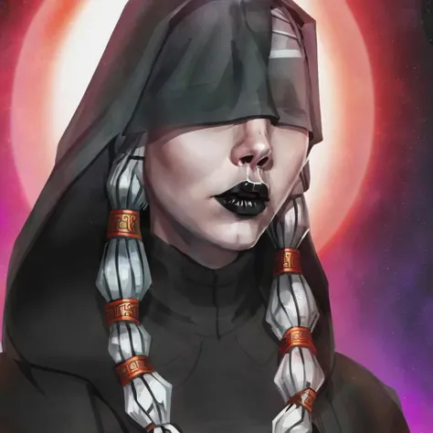 1girl, kreia,hood covering eyes,,black lips gray braided hair, robes, upper body portrait <lora:kotorsdxl_lora:1>, (best quality, masterpiece, perfect face, beautiful and aesthetic:1.2, colorful, dynamic angle, highest detailed face) (high contrast, official art, extreme detailed, highest detailed)