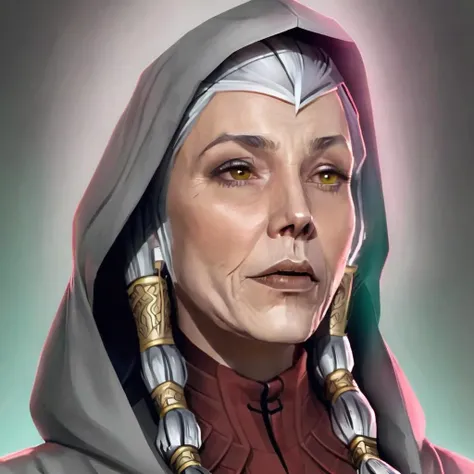 1girl, kreia, gray braided hair, hood, robes, upper body portrait, <lora:kotorsdxl_lora:1>, (best quality, masterpiece, perfect face, beautiful and aesthetic:1.2, colorful, dynamic angle, highest detailed face)  (high contrast, official art, extreme detailed, highest detailed)