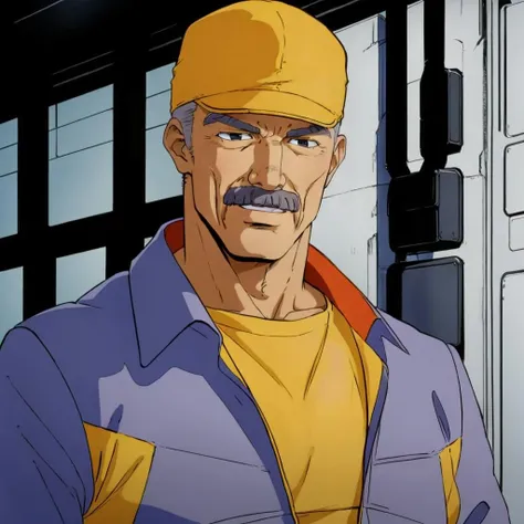 masterpiece,high quality,solo,
<lora:hardysteiner001:0.7>,
hardysteiner,1oldman,
grey hair,black eyes,mustache,facial hair,beard,
yellow headwear,
Jumpsuit,