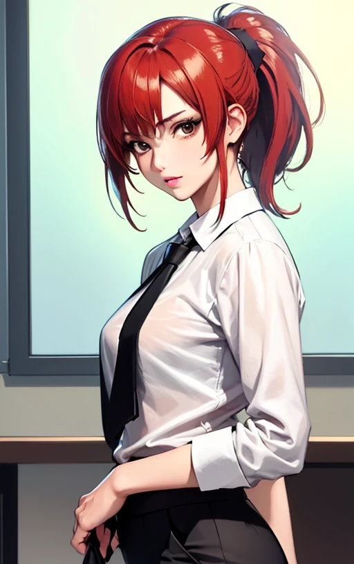 masterpiece, best quality, high res, realistic, award winning photo of makima, office, red hair, short hair ponytail, white shirt, black pants, black tie, looking at viewer, high detailed, <lora:epiNoiseoffset_v2:1>