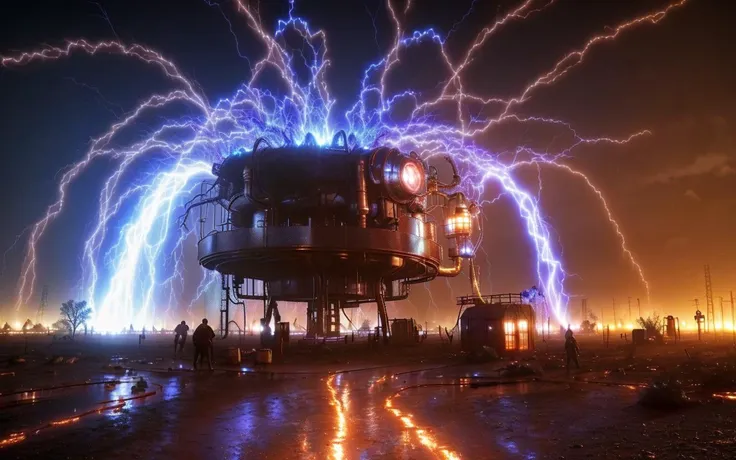 a photograph of a big heavy coil turbine, red and blue, on a desert landscape, heavy rain, (wet mud:1), rusty iron, surrounded by traceries of fire and electricity, (people running:1.5), plasma streams in the background, poor quality photo, atmospheric lighting, (blurry:1.2), very detailed, intricate, HDR, valves, reflective copper, ray lighting, indirect lighting, <lora:teslapunkai_v20:0.5>