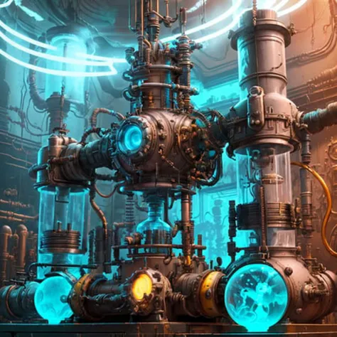 <lora:teslapunkV2:.5> retro teslapunkai , valvepunk, in laboratory , cluttered environment, plasma