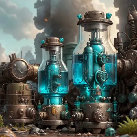 <lora:teslapunkV2:.5> retro valvepunk , on battlefield, outdoors, cluttered environment, glass valves