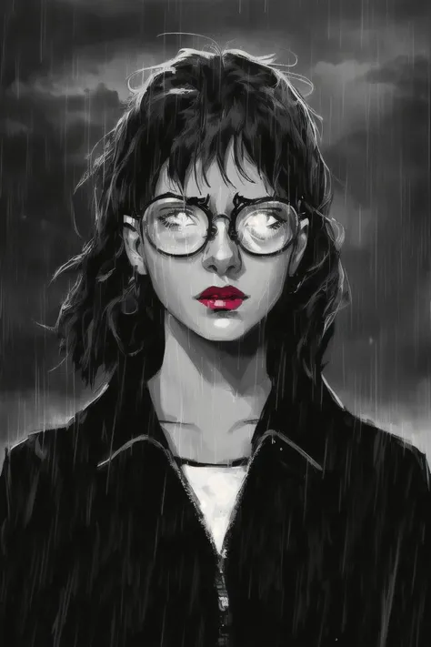 sin-city,portrait,1girl,,(glowing glasses:1.2),silhouette light,monochrome,realistic,cloudy sky,rain, <lora:Horror_Ink_Style-000008:0.8> , dark art