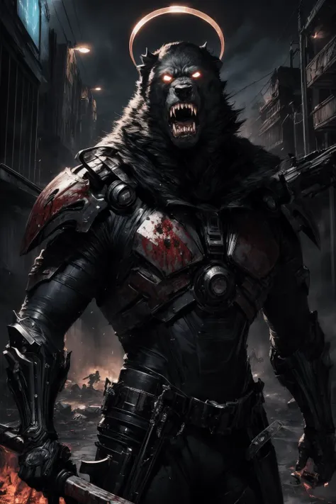 dark art, blood, violent, poster, di0el10, 1boy, a god, angry face, cyberpunk, halo, weapons, (masterpiece, top quality, best quality, official art, beautiful and aesthetic:1.2), extreme detailed, epic cinematic, soft nature lights, rim light, absurd, amazing, hyper detailed, semi realistic, soft colors, <lora:Horror_Ink_Style-000008:0.6> <lora:Elio - Dio del Sole:0.8> <lora:more_details:0.3>