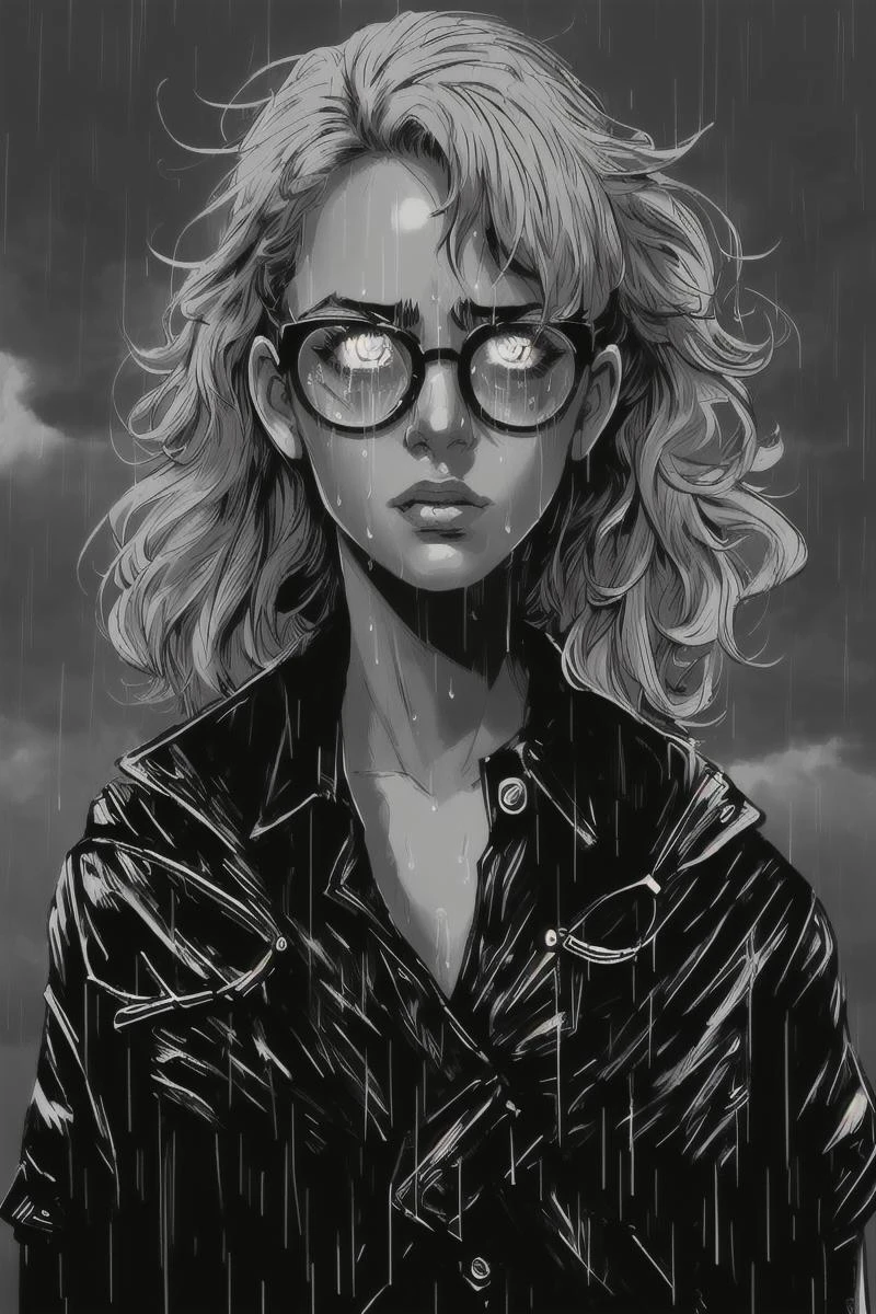 sin-city,portrait,1girl,,(glowing glasses:1.2),silhouette light,monochrome,realistic,cloudy sky,rain, <lora:Horror_Ink_Style-000008:0.8> , dark art, blond, messy hair