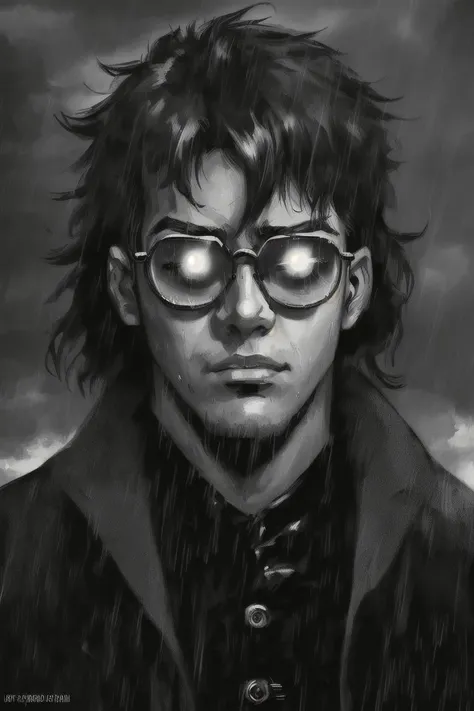 sin-city,portrait,1boy,,(glowing glasses:1.2),silhouette light,monochrome,realistic,cloudy sky,rain, <lora:Horror_Ink_Style-000008:0.8> , dark art