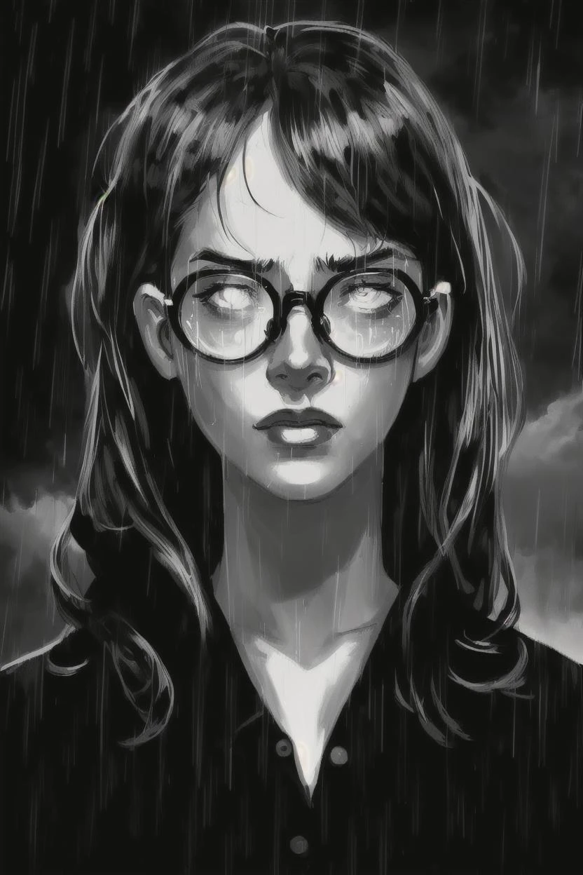 sin-city,portrait,1girl,,(glowing glasses:1.2),silhouette light,monochrome,realistic,cloudy sky,rain, <lora:Horror_Ink_Style-000008:0.8> , dark art