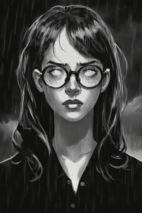 sin-city,portrait,1girl,,(glowing glasses:1.2),silhouette light,monochrome,realistic,cloudy sky,rain, <lora:Horror_Ink_Style-000008:0.8> , dark art