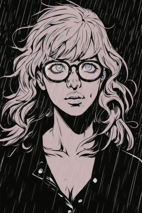 sin-city,portrait,1girl,,(glowing glasses:1.2),silhouette light,monochrome,realistic,cloudy sky,rain, <lora:Horror_Ink_Style-000008:0.8> , dark art, blond, pink hair, crazy