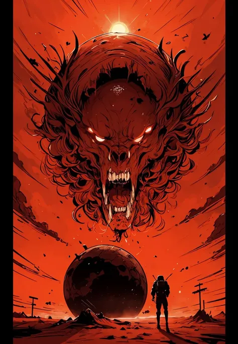 draw of a place, mars, sun, red sky, astronaut far, alien, stars, war ,<lora:Horror_Ink_Style-000008:.7> , dark art, blood, violent
