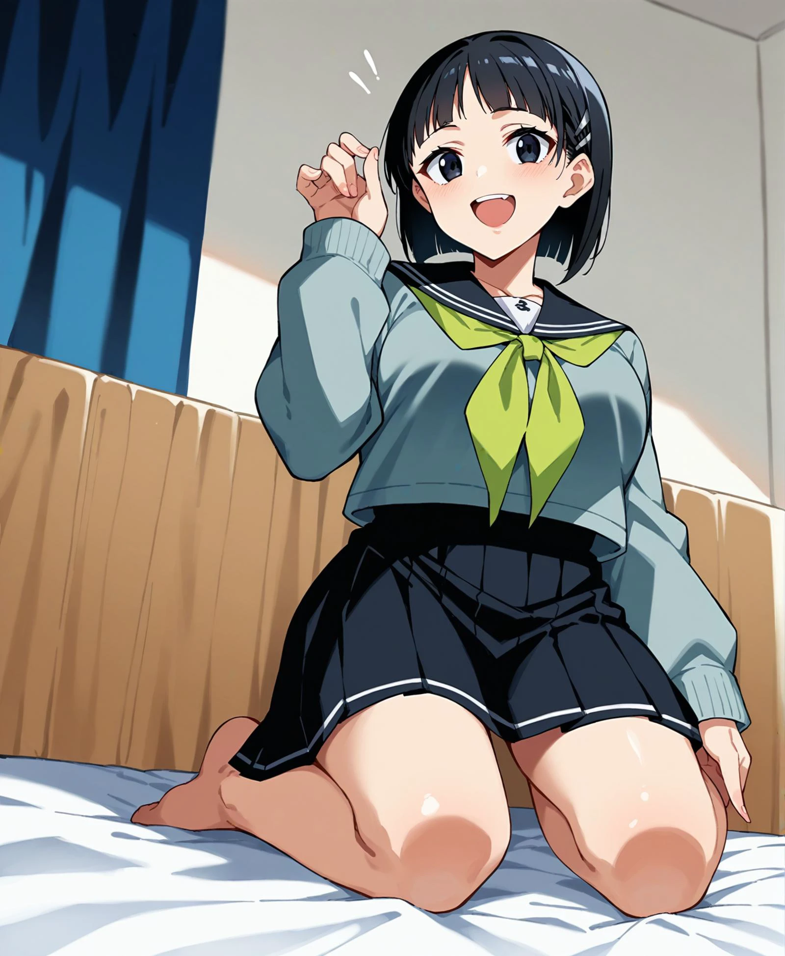 score_9, score_8_up, score_7_up, score_6_up, score_5_up, score_4_up, source_anime,
best quality,
rating_problem
large breasts,
kneeling, on bed,naughty face, looking at viewer,
laughing, from below,
full body,
<lora:Suguha-JeloXL-000007:1>
jelosugusu, black hair, black eyes, hairclip,black sailor collar, green neckerchief, oversized clothes, grey cardigan, black skirt, miniskirt