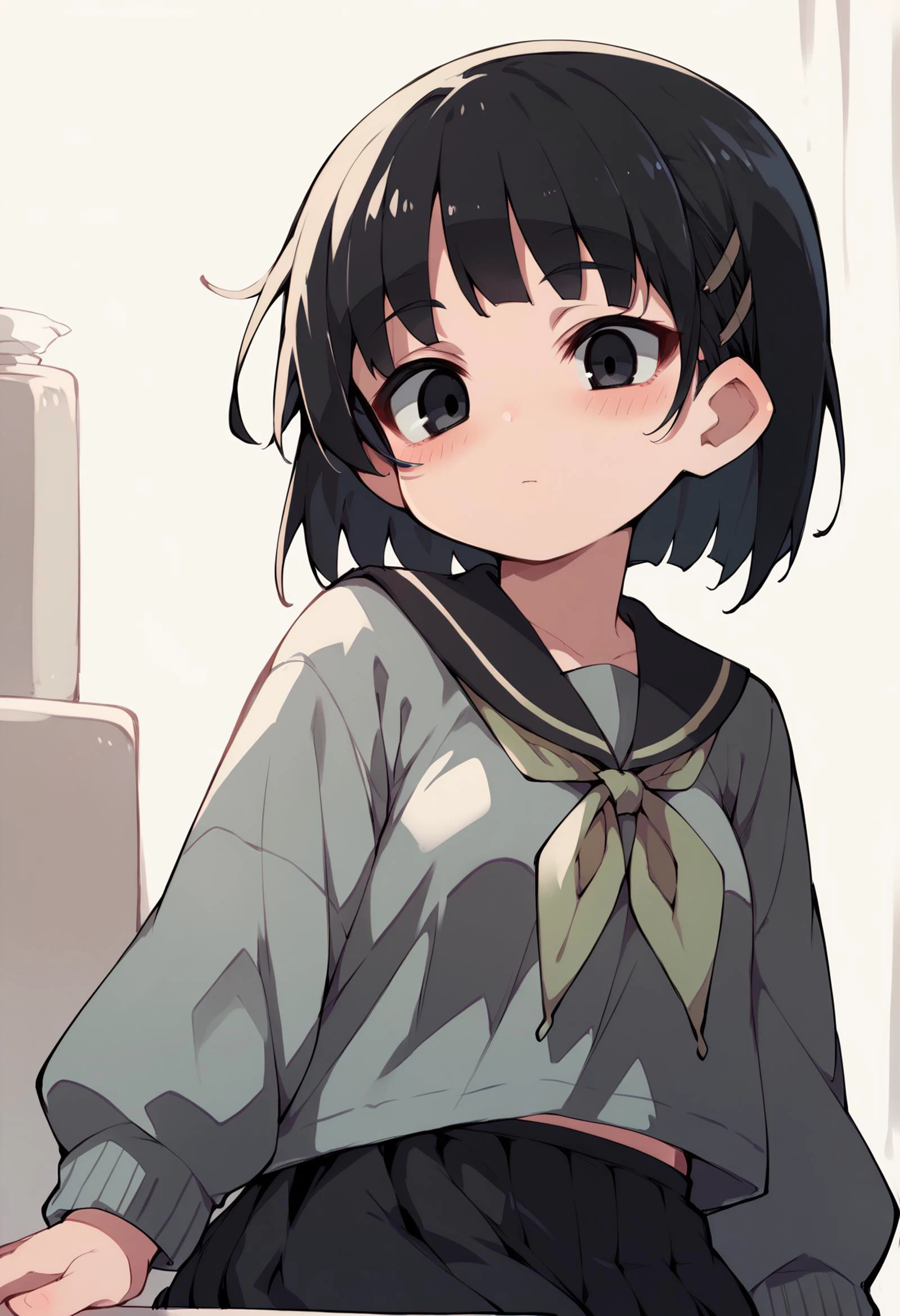 <lora:PONY-ç»-zankuro:0.8> ,score_9, score_8_up, score_7_up, score_6_up, 1girl, solo, <lora:PONY-人-æ¡è°·ç´å¶:0.8>,jelosugusu, black hair, black eyes, hairclip,black sailor collar, green neckerchief, oversized clothes, grey cardigan, black skirt, miniskirt,, uncensored,<lora:add-detail-xl:1>,