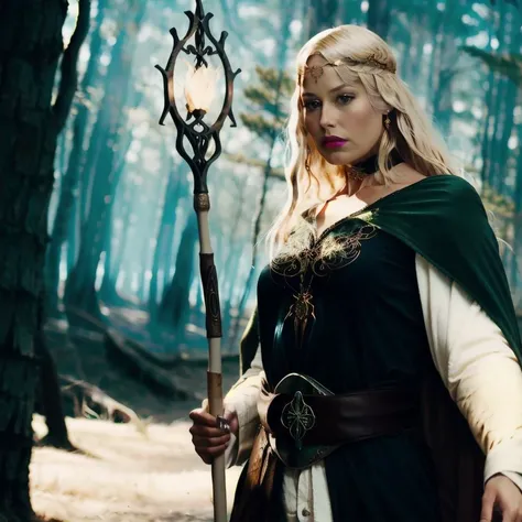 Tolkien, Middle Earth, Mirkwood, in the style of Anato Finnstark, (masterpiece:1.2), (best quality,:1.2), 8k, highly detailed, hyperrealistic, cinematic lighting, ambient lighting, Bridgette, <lora:Bridgette-10:1.0>, as rpgelf, sorceress, (((cowboy shot))), earrings, choker, necklace, dark makeup, long wild messy blonde hair, dynamic pose, casting a spell, holding a staff, robe, belt, jewelry, cape, circlet, ((looking at viewer)), in a gloomy and foggy forest, <lora:RPGElf:0.55>, <lora:adventurer2.0:0.7> , <lora:lord_of_the_rings_offset:1>, lotr