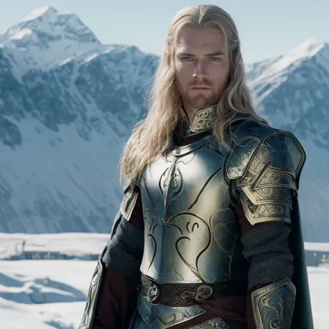 from lord of the rings <lora:lord_of_the_rings_offset:1>, (detailed face, detailed eyes, clear skin, clear eyes), lotr, fantasy, human, male, Vike Rosenhelm, Lawful Good, Blue eyes, blond hair, fair skin, thirty-four years old, scar,
(paladin man), waist-high, radiates radiance, kind and fair face, white gold shiny massive full armor, long hair, film grain, against the backdrop of the snow caped mountains, metal reflection, unreal engine 5 , 4k hd wallpaper, perfect lighting, incredible detail, hypermaximalistic, natural balance color, 8k, ultra detailed, beautiful and aesthetic, extremely detailed, atmospheric solo, detailed face and eyes, masterpiece, best quality, insanely intricate details, incredible detail, ((vivid color)), 4k
