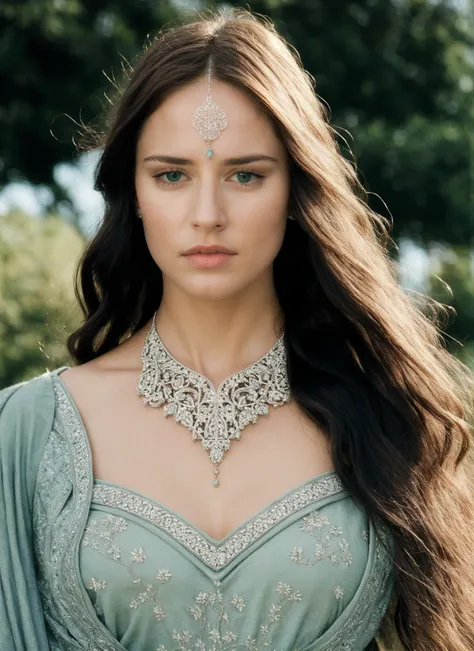 from lord of the rings <lora:lord_of_the_rings_offset:1>, (masterpiece), (extremely intricate:1.3), (realistic), portrait of a female, necklace, jewelry, long hair, 1boy, lips, solo focus, blurry, brown hair, realistic, blurry background, green eyes