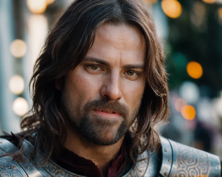 from lord of the rings  <lora:lord_of_the_rings_offset:1>, close up Portrait photo of muscular bearded guy in a worn armor, ((light bokeh)), intricate, (steel metal [rust]), elegant, sharp focus, photo by greg rutkowski, soft lighting, vibrant colors, masterpiece, ((streets)), detailed face